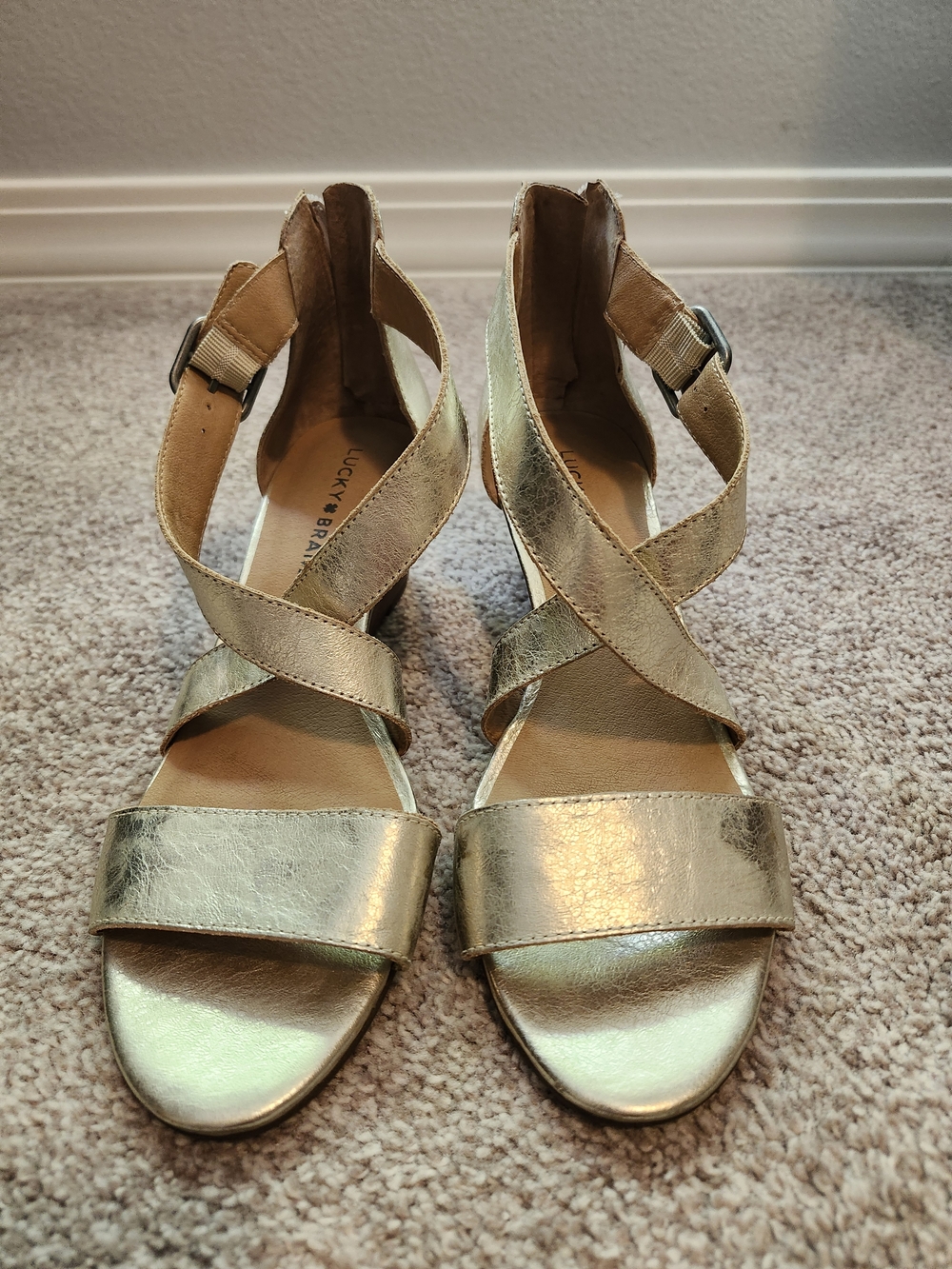 Lucky Brand Metallic Gold Crisscross Strap Wedge Sandals